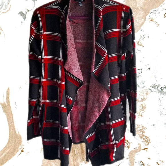 Jones NY waterfall open front red and black plaid cardigan with pockets - Picture 2 of 13